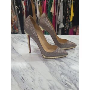 Christian Louboutin Glitter Pointed-Toe Stilettos in Rose Gold and Gold Trim